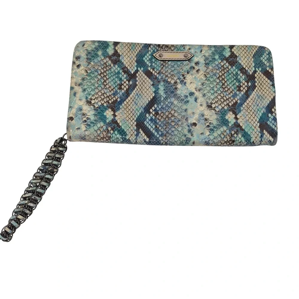 Bryany Blue Python Embossed‎ Wristlet Wallet Clutch Chain Strap Vegan Leather